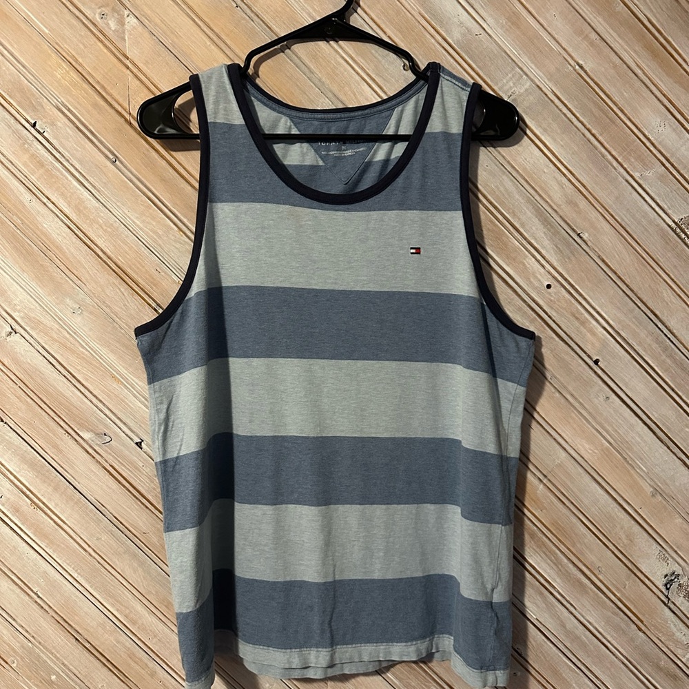 Tommy Hilfiger Blue and Gray Striped Tank Top Wife Beater Athletic Workout